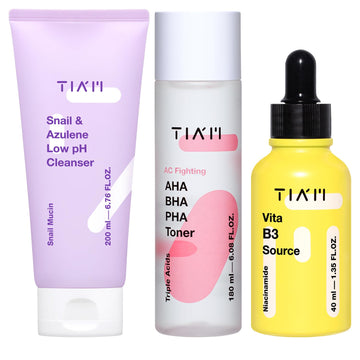 Tiam Clear & Glow Trio: Snail & Azulene Low Ph Cleanser, Ac Fighting Aha Bha Pha Toner, And Vita B3 Source For Gentle Cleansing, Exfoliating, And Radiance, Korean Skincare Set