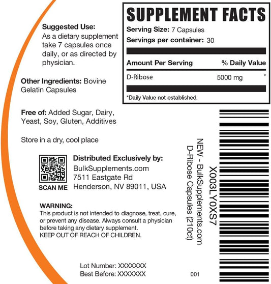 BulkSupplements.com D-Ribose Capsules - Ribose Supplement, D-Ribose 5000mg, for Energy Support - Unflavored & Gluten Free, 7 Capsules per Serving, 210 Capsules (Pack of 1)