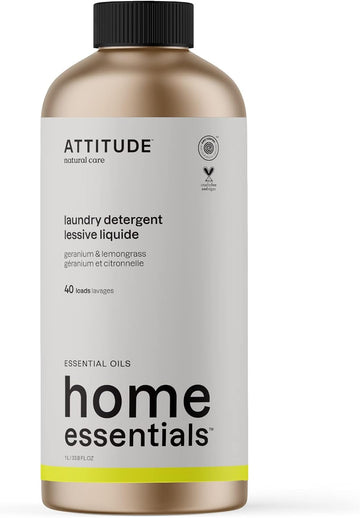 ATTITUDE Laundry Detergent with Essential Oils, EWG Verified, Vegan, Plant and Mineral-Based Ingredients, HE, Refillable Aluminum Bottle, 40 Loads, Geranium and Lemongrass, 33.8 Fl Oz
