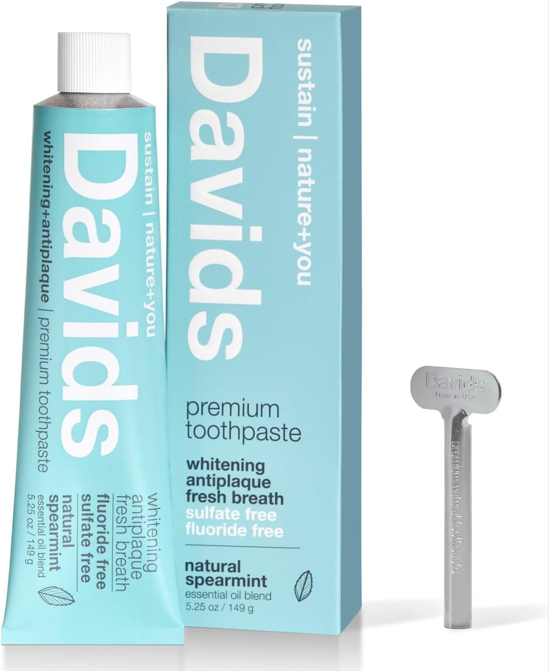 Davids Fluoride Free Whitening & Antiplaque Toothpaste, Natural Spearmint, Mouth & Gum Detox, SLS Free, EWG Verified Clean & Non-Toxic Ingredients, 5.25oz, Made in USA
