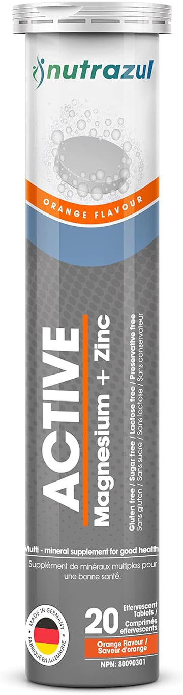 Nutrazul Active (Magnesium and Zinc) Effervescent Tablets- Orange 20?s | Gluten Free, Sugar-Free, Lactose-Free & Preservative Free | Maintains Muscle Function