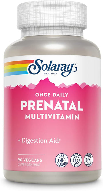 Solaray Once Daily Prenatal Multivitamin with Iron & DHA, Prenatal Vitamins and Minerals for Expectant Mothers, Digestion Aid with Morning Ease Herbal Blend & Whole Food Base, 90 Servings, 90 VegCaps