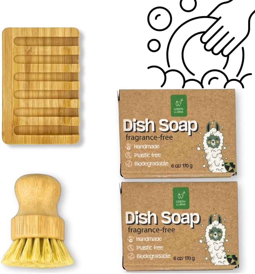 Eco-Friendly Dish Washing Bar Soap Set with 2 Fragrance-Free Solid Coconut Oil Bars, Sisal Scrub Brush, and Bamboo Holder - Sustainable Kitchen Cleaning set