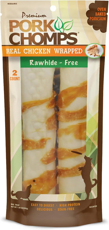 Pork Chomps Baked Pork Skin Dog Chews, 8-Inch Rolls, Real Chicken Wrap, 2 Count