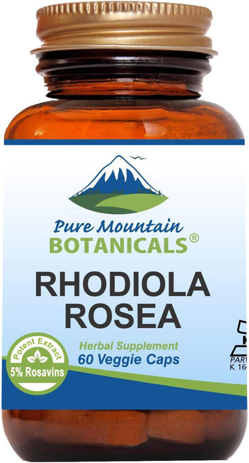 Pure Mountain Botanicals Rhodiola Rosea Supplement - 60 Kosher Vegan Capsules With 250Mg Rhodiola Root Extract