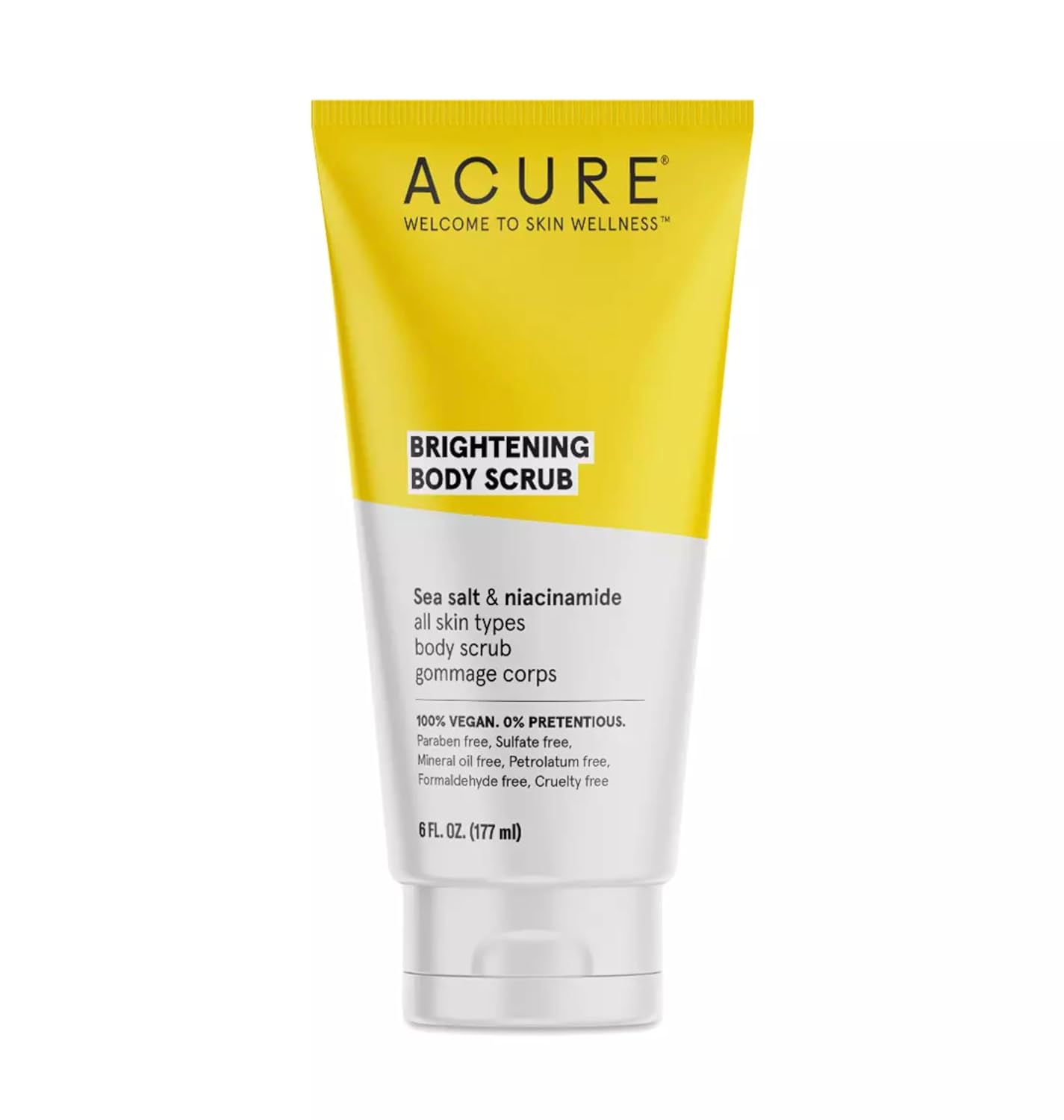 Acure Brightening Body Scrub - Skin Renewal With Blend Of Clay, Sea Salt & Niacinamide Extract - Rejuvenating Exfoliation For Soft, Refreshed Glowing Clear Skin - Suitable For All Skin Types - 6 Fl Oz