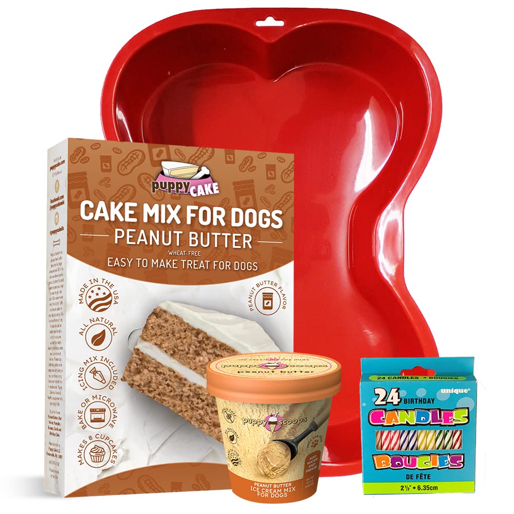 Puppy Cake Cake And Ice Cream All Natural Fluffy & Moist Dog Birthday Cake Kit In With Peanut Butter, Your Choice Of Ice Cream Mix, Bone Silicone Pan And 24 Candles (Bacon) Made In Usa