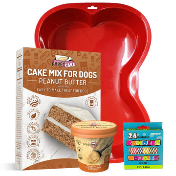 Puppy Cake Cake And Ice Cream All Natural Fluffy & Moist Dog Birthday Cake Kit In With Peanut Butter, Your Choice Of Ice Cream Mix, Bone Silicone Pan And 24 Candles (Bacon) Made In Usa