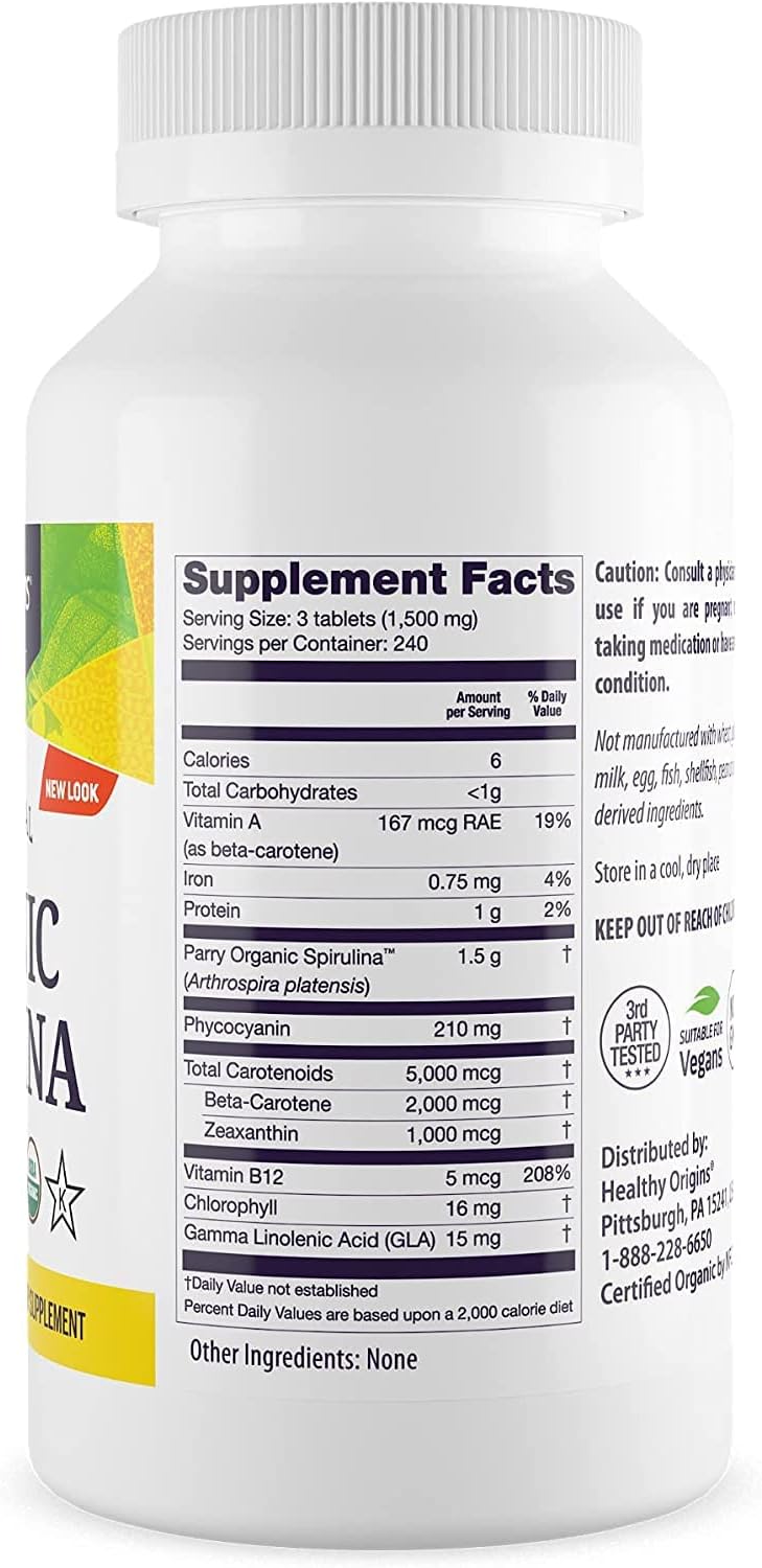 Healthy Origins Spirulina, 500 mg (Organic) - Organic Spirulina Tablet with Vitamin A & Vitamin B12 - Kosher Certified - Vegan, Non-GMO, and Gluten-Free Spirulina Pill - 720 Tablets