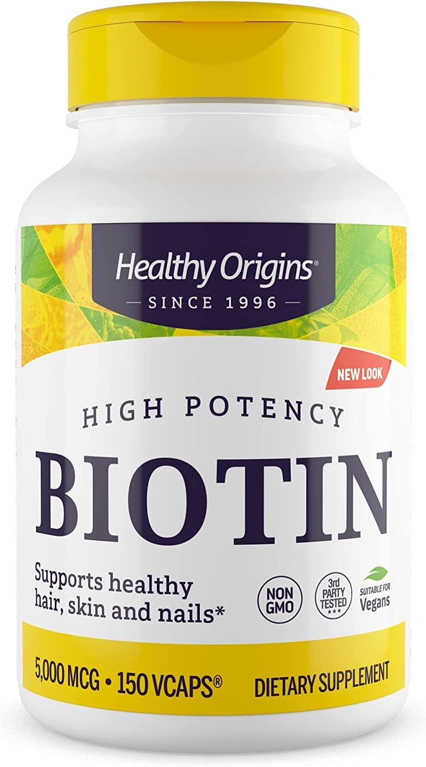 Healthy Origins Ultra-Potency Biotin (B7), 5,000 mcg - Supports Skin, Hair & Nails - High-Grade Vitamin B7 - Non-GMO, Gluten-Free Biotin for Vegans - 150 Veggie Capsules