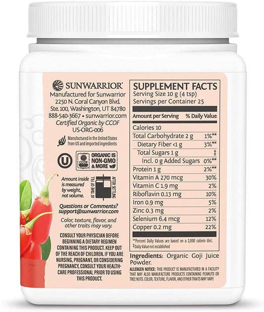 Sunwarrior Goji Berries Powder Organic Goji Berries Red Superfood Powder 100% Non Gmo & Vegan Antioxidant Powder Made With Completely Raw Natural Goji Berry