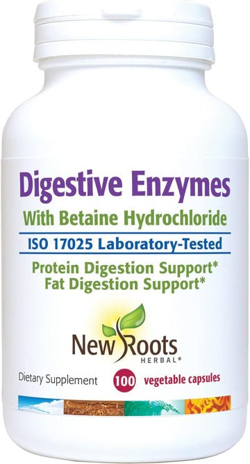 NEW ROOTS HERBAL Digestive Enzymes with Betaine Hydrochloride (100 caps)| Break Down Fat, Complex Carbohydrates, and Proteins | Digestive aid