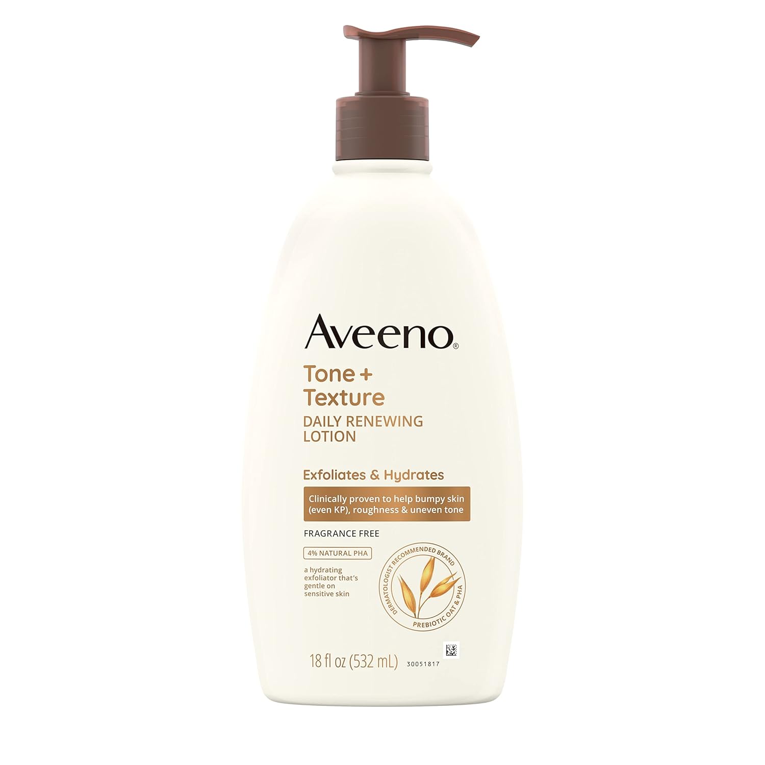 Aveeno Tone + Texture Daily Renewing Lotion With Prebiotic Oat, Gentle Lotion Exfoliates & Hydrates Sensitive Skin, Clinically Proven To Help Bumpy, Rough Skin, Fragrance-Free, 18 Fl. Oz