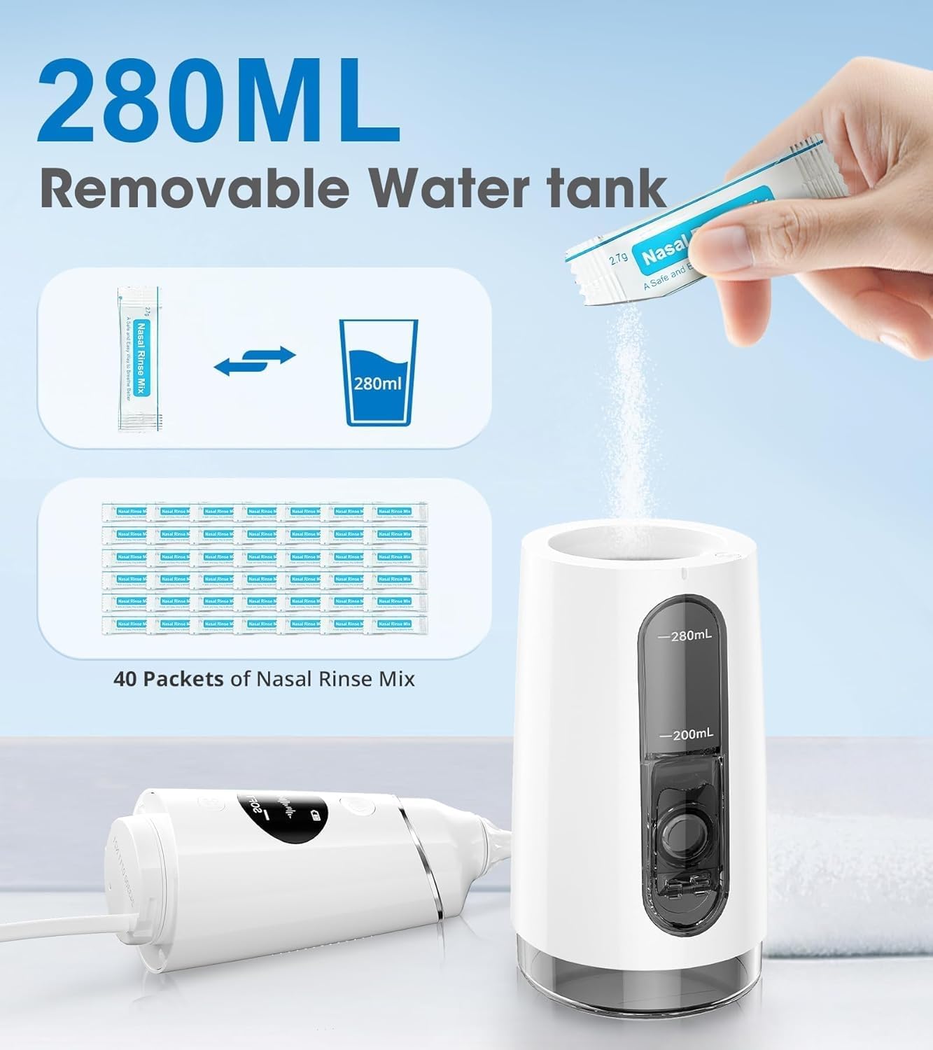 Heyaxa Nasal Irrigation System, Electric Sinus Cleaner Neti Pot Machine With 6 Tips,4 Modes For Sinus Rinse, Nasal Irrigator With 40 Nasal Saline Packets (1 Pack) : Health & Household