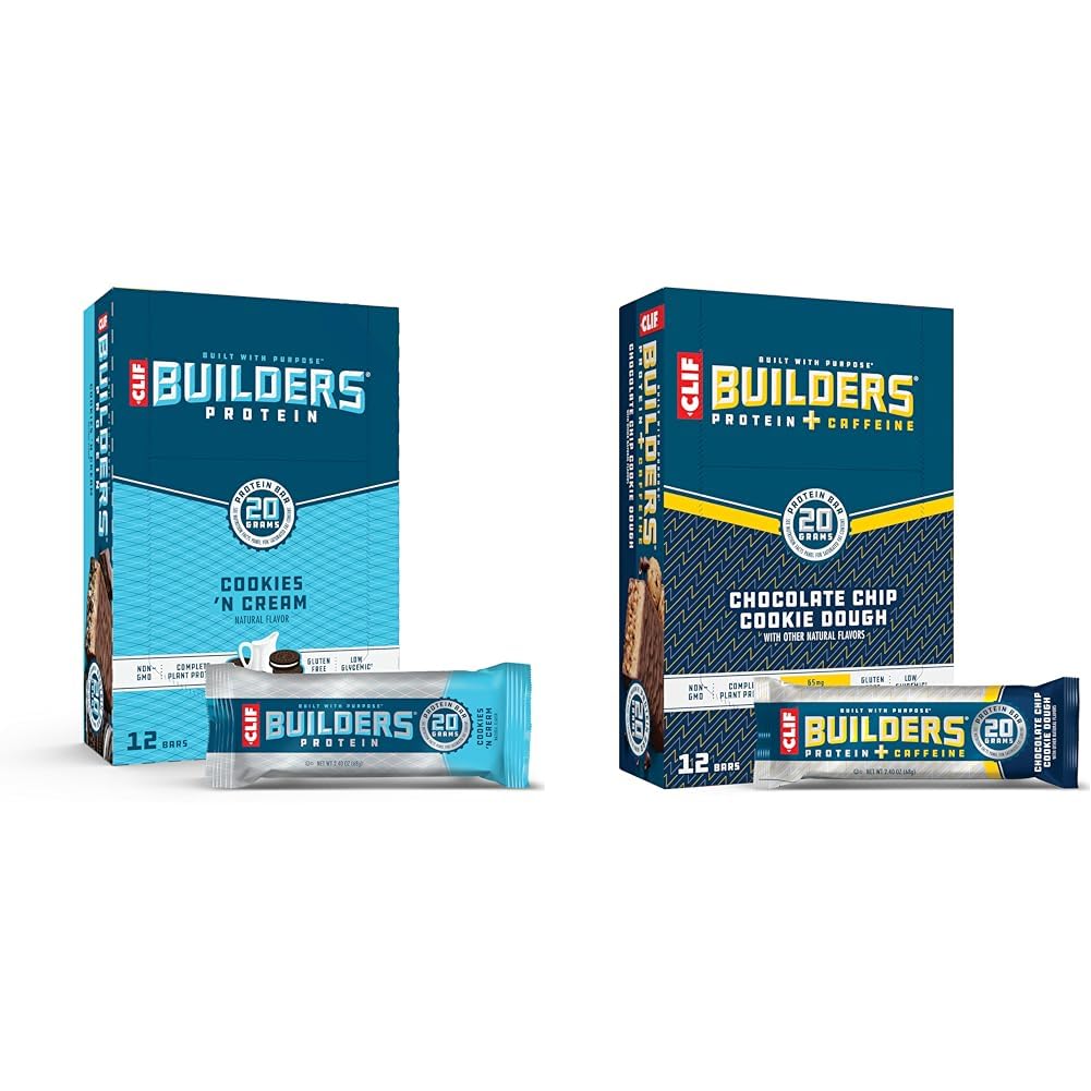 Clif Builders Protein Bars Bundle - Cookies 'N Cream & Chocolate Chip Cookie Dough Flavors - 20G Plant Protein - Gluten-Free - 12 Count