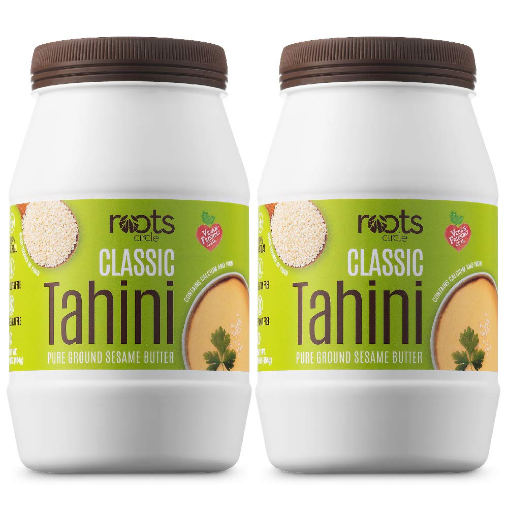 Roots Circle All-Natural Sesame Tahini Paste | 100% Pure Rich & Creamy Ground Sesame Seed Paste For Hummus, Tahini Sauce, Dressing & Dips | Vegan, Kosher | Non-Gmo, Gluten & Peanut-Free | 2 Jars 16 Oz