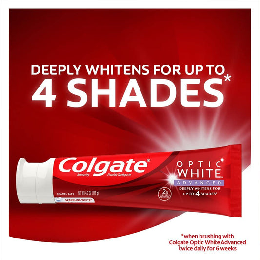 Colgate Optic White Advanced Hydrogen Peroxide Toothpaste, Teeth Whitening Toothpaste Pack, Enamel-Safe Formula, Helps Remove Tea, Coffee, and Wine Stains, Sparkling White, 3 Pack, 3.2 oz