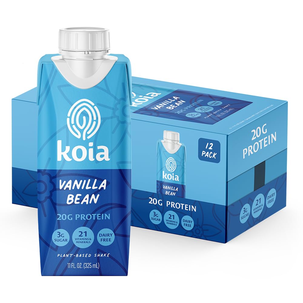 Koia - Plant Based Protein Shake - Vanilla Bean - 20G Protein, 3G Sugar, 6G Prebiotic Fiber, 21 Vitamins & Minerals - Dairy Free, Soy Free, Non Gmo - Meal Replacement Drinks - 11 Fl Oz, 12 Bottles