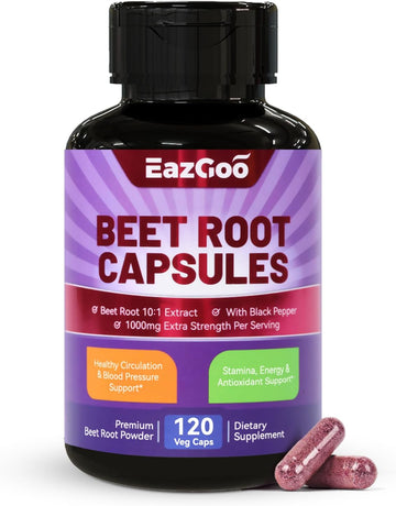 Beet Root Capsules 1000Mg Per Serving, Supports Nitric Oxide Production & Blood Pressure, With Black Pepper Extract, Non-Gmo, Gluten Free, Vegan - 120 Counts
