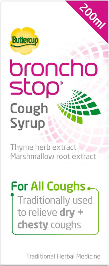 Bronchostop Cough Syrup (200Ml) - Relief For Dry Or Chesty Coughs - With Natural Thyme Herb And Marshmallow Root Extract - Non Drowsy Cough Medicine That Can Be Diluted & Undiluted - Alcohol Free