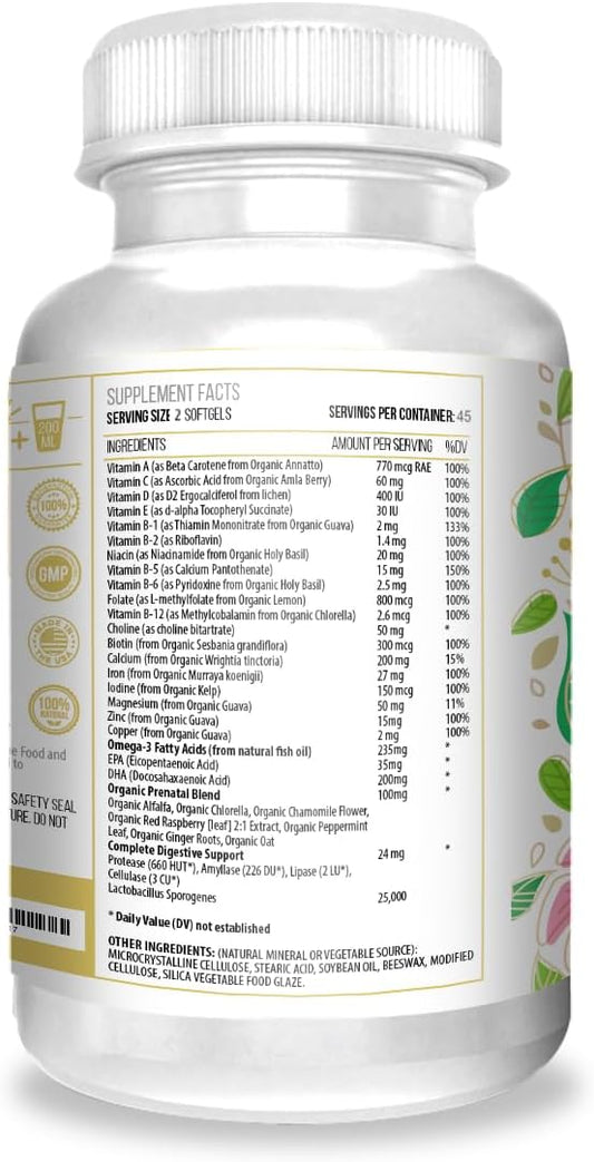 Actif Organic Prenatal Vitamin With 25+ Organic Vitamins, 100% Natural, Dha, Epa, Omega 3, And Organic Herbal Blend - Non-Gmo, 45-Day Supply