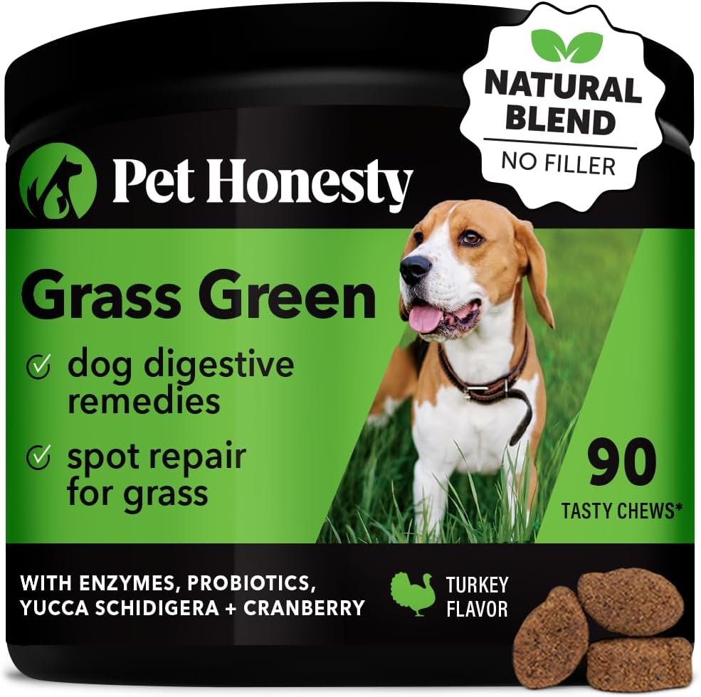 Pet Honesty Grass Green - Pee Grass Spot Saver Caused by Dog Urine, Gut Health Probiotics, Dog Urine Neutralizer for Lawn, Grass Burn Spot Chews, Cranberry, Apple Cider Vinegar, Dog Rock (Turkey 90ct)