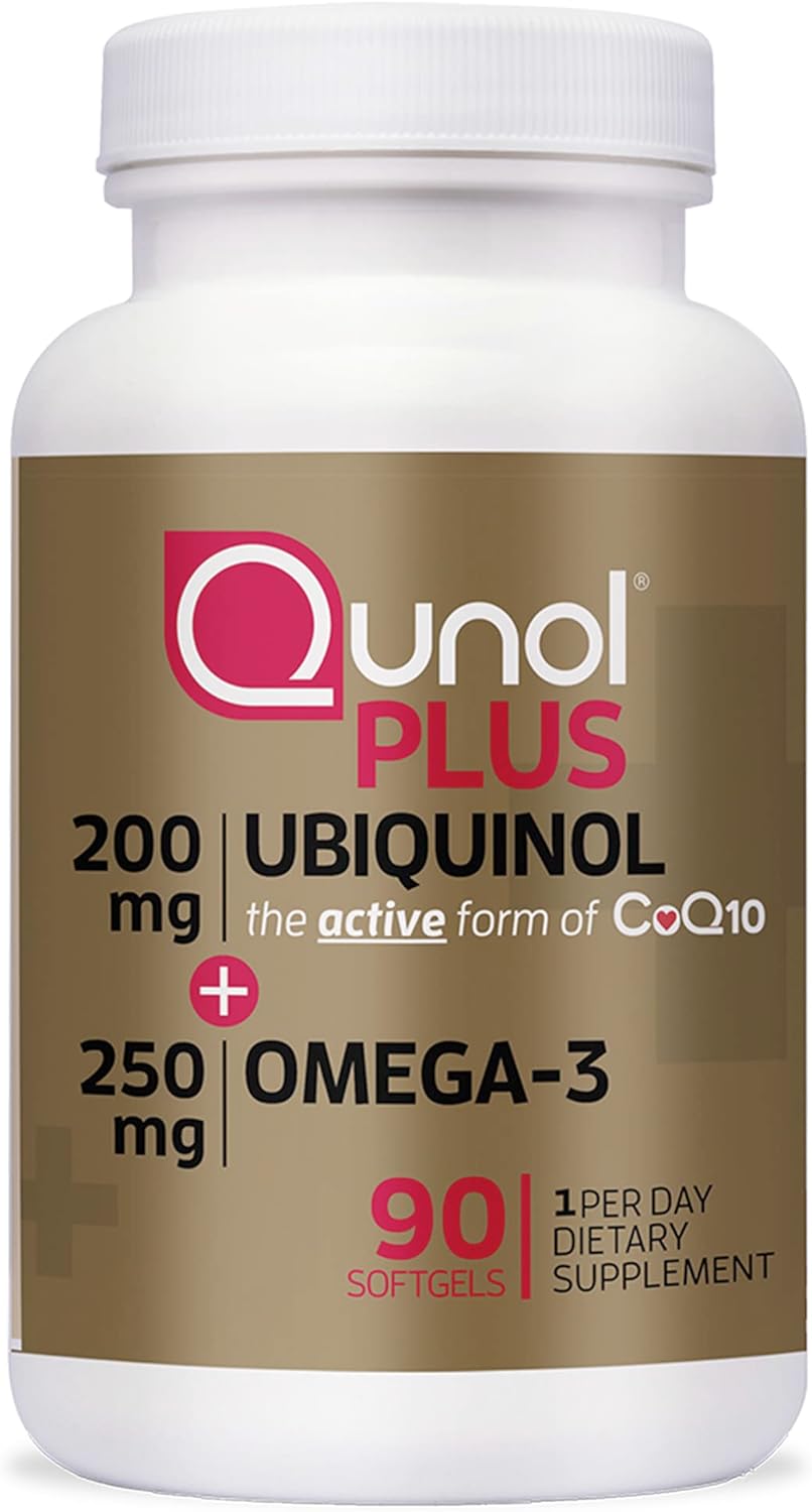 Qunol Plus Ubiquinol + Omega 3, Ubiquinol CoQ10 200mg with 250mg Omega-3 Fish Oil, Extra Strength, Antioxidant for Heart Health, Natural Supplement for Energy Production, (Bovine Version), 90 Count