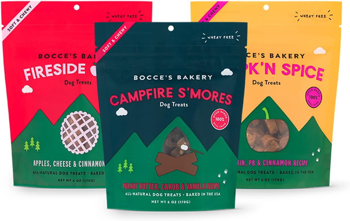Bocce'S Bakery By The Fire Assorted Treat Bundle For Dogs, Wheat-Free Everyday Dog Treats, Made With Real Ingredients, Baked In The Usa, All-Natural Soft & Chewy Cookies, 6 Oz Each