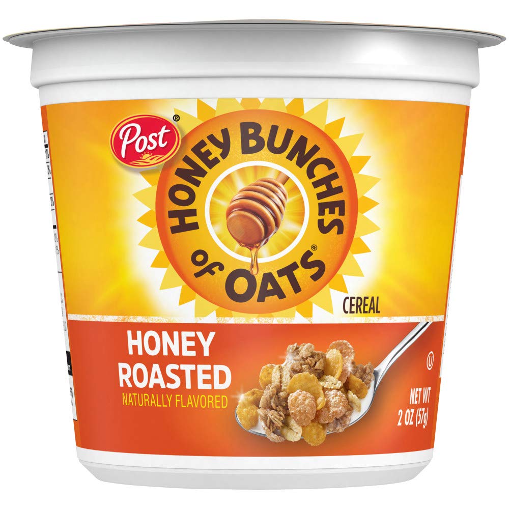 Honey Bunches of Oats Honey Roasted Breakfast Cereal, Honey Oats Cereal with Granola Clusters, Small Cereal Cup Size for Easy On-The-Go Breakfast, 2 OZ Cereal Cup (Pack of 12)