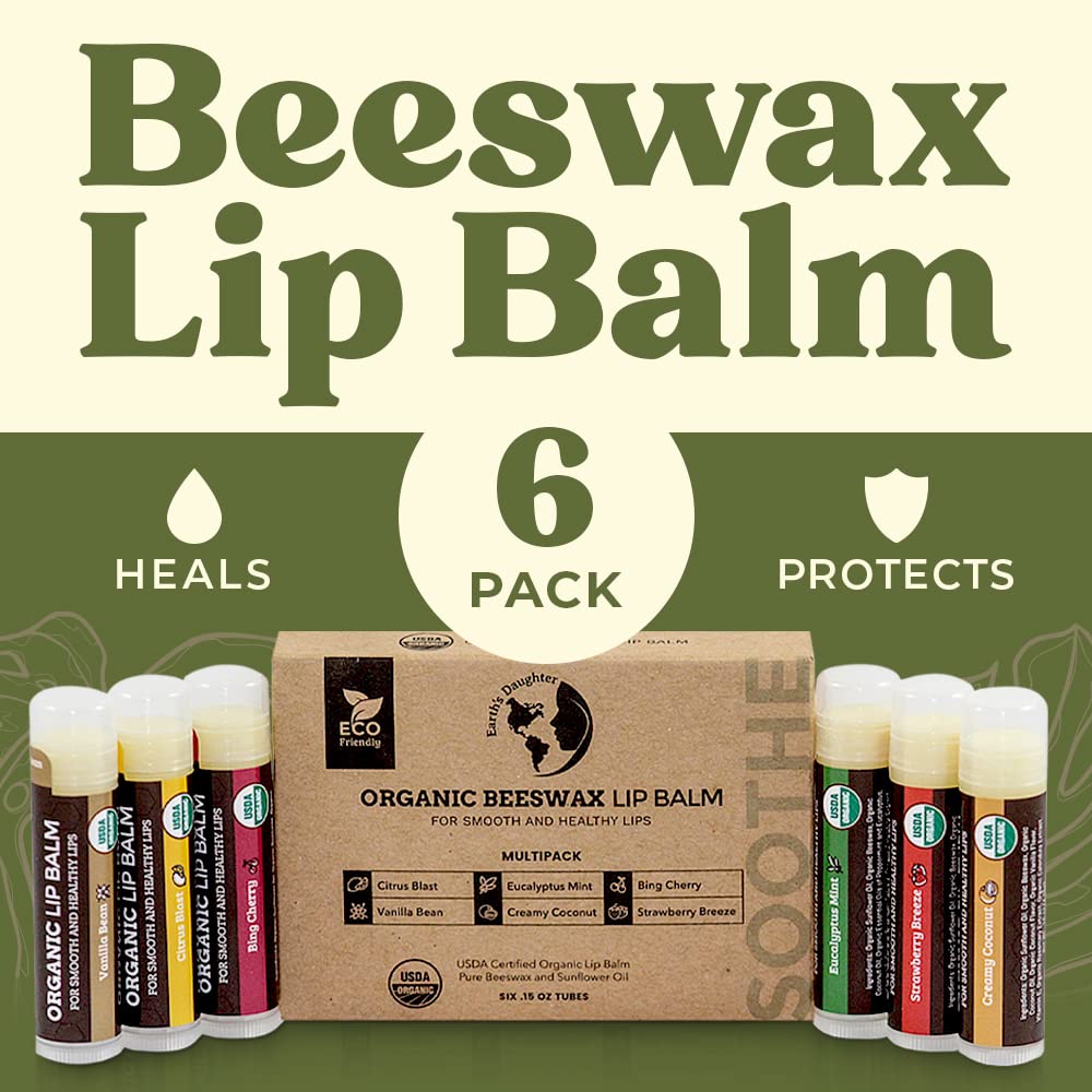 USDA Organic Lip Balm 6-Pack by Earth's Daughter - Fruit Flavors, Beeswax, Coconut Oil, Vitamin E - Best Lip Repair Chapstick for Dry Cracked Lips - Moisturizing Lip Care : Beauty & Personal Care