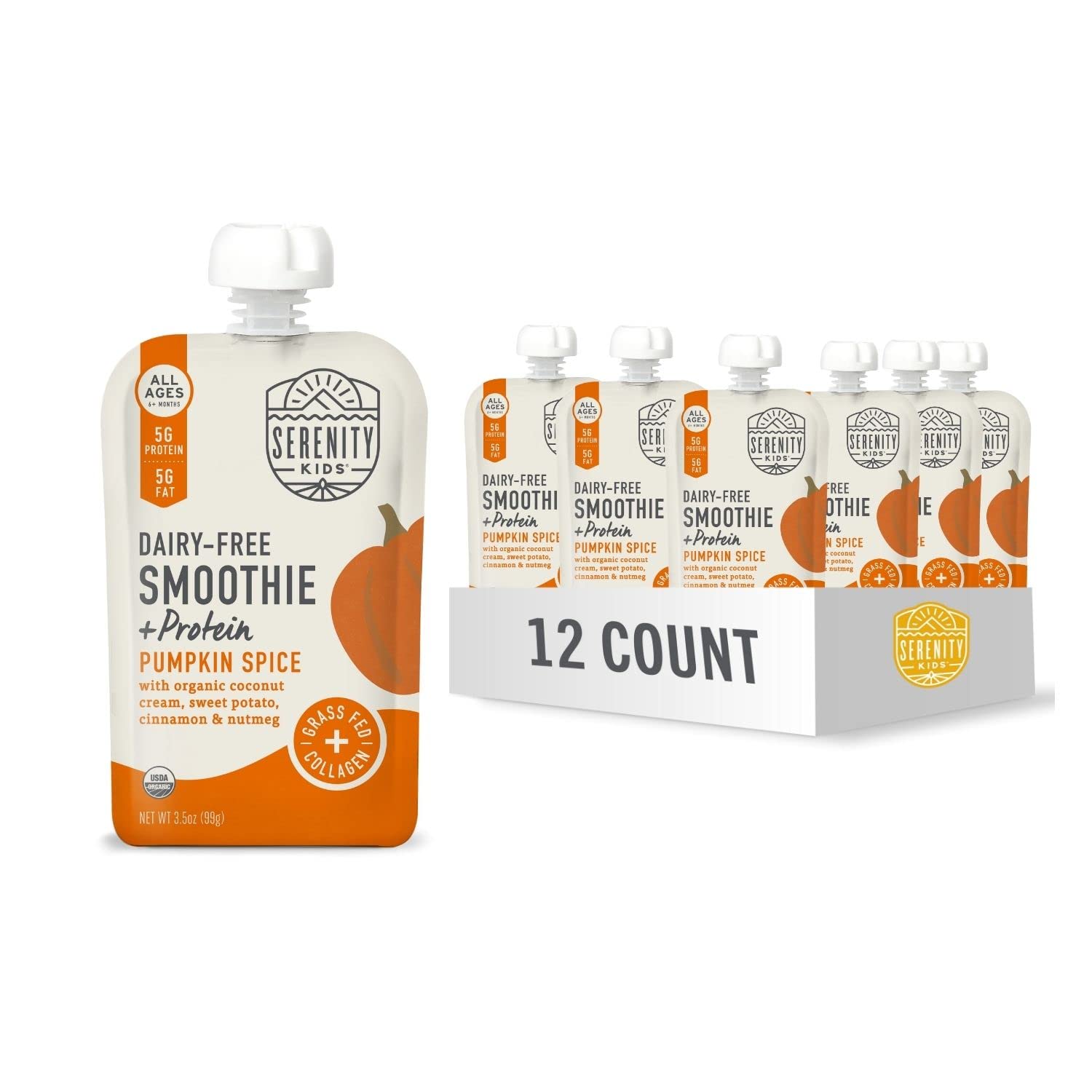 Serenity Kids Organic Pumpkin Spice Smoothie + Protein Baby Food, Dairy Free, 3.5 Ounces (Pack Of 12)