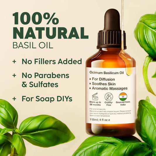 Kukka Basil Essential Oil For Diffusers - 100% Natural Basil Essential Oil For Skin - Basil Oil For Aromatherapy Skin Fragrance Massage Candles & Soaps Making Scent (4 Fl Oz)