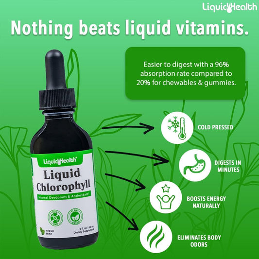 Liquidhealth Liquid Chlorophyll Drops - Internal Deodorizer, Antioxidants, Liver Detox, Immune Support, Relieve Bad Breath, Reduce Appetite, Collagen For Hair & Skin Health - Vegan, Non-Gmo (3 Pack)