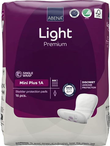 Abena Light Incontinence Pads, Eco-Labelled Women's Incontinence Pads Adults, Breathable & Comfortable with Fast Absorption & Protection, Incontinence Pads Women, Mini Plus 1A, 200ml 16PK