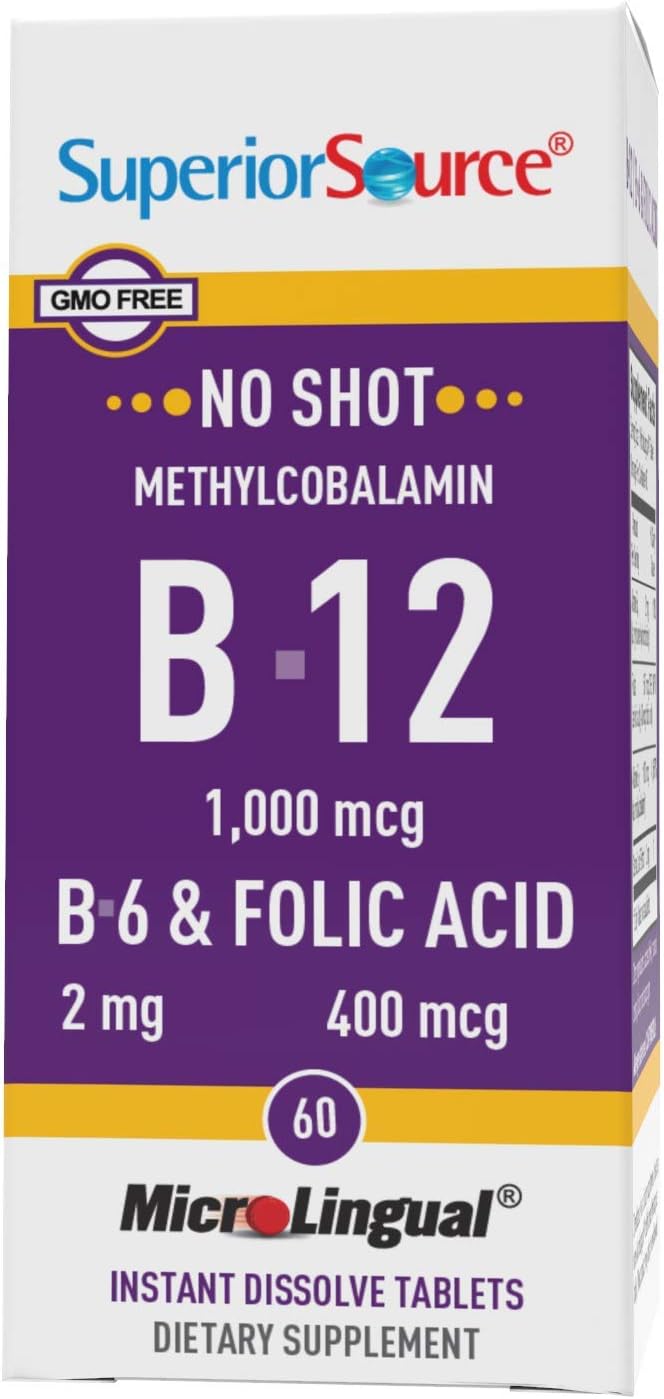 Superior Source No Shot Vitamin B12 Methylcobalamin (1000 mcg), B6, Folic Acid, Quick Dissolve MicroLingual Tablets, 60 Ct, Increase Energy, Healthy Heart, Boost Metabolism, Stress Support, Non-GMO