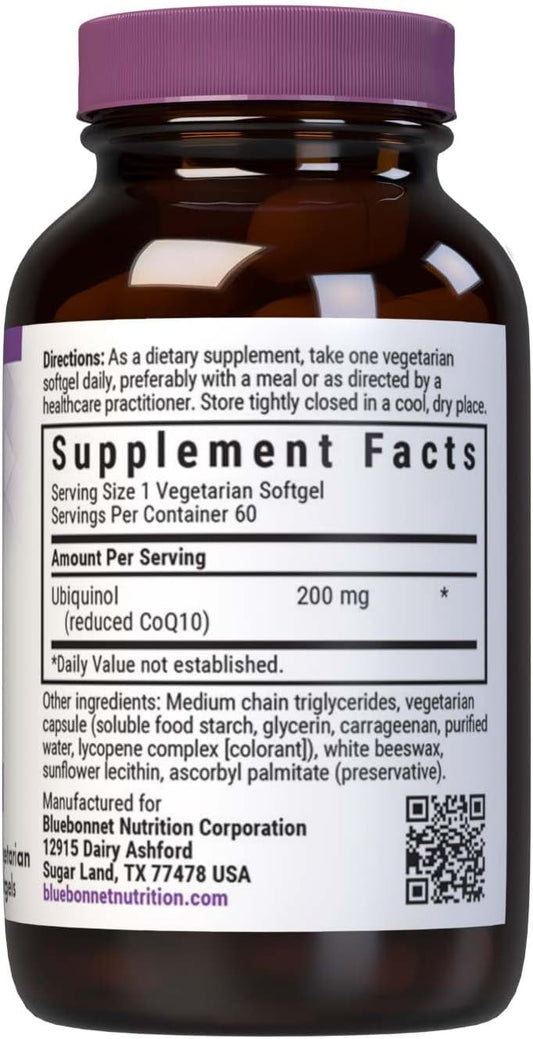 Bluebonnet Nutrition Active Coq10 Ubiquinol 200Mg Vegetarian Softgels, Heart & Cellular Health, Non Gmo, Gluten, Soy & Milk Free, White, 60 Count