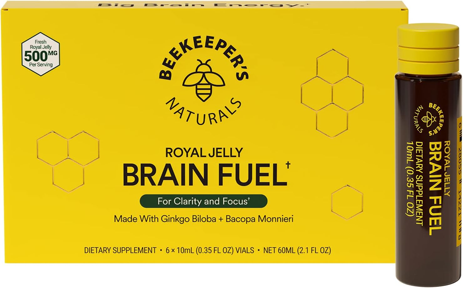 BEEKEEPER'S NATURALS B.LXR Brain Fuel - Memory, Focus and Clarity Liquid Formula, Supports Productivity Royal Jelly, Ginkgo Biloba, Bacopa Monnieri Keto Friendly, Gluten & Caffeine-Free, (6 ct)