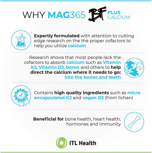 Mag365 Itl Health Bf Plus Calcium Zinc Magnesium Powder | Including D3, K2, C, B6, Boron, Zinc And Potassium | Formulated For Optimal Bone Health, And Immune Support | (210G)