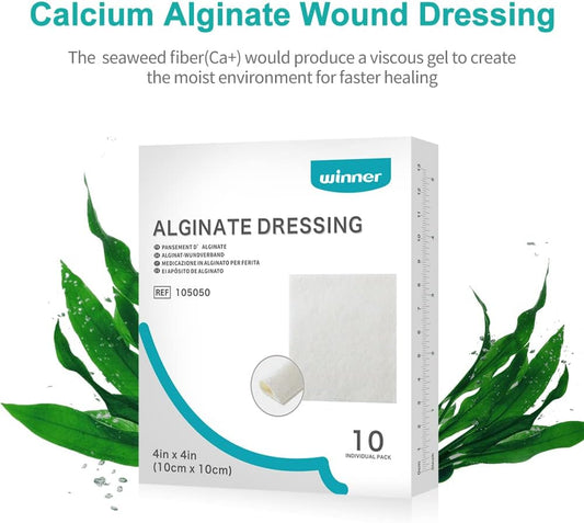 Winner Medical Calcium Alginate Wound Dressing Pads 10 X 10 Cm, Sterile (Box Of 10) Antimicrobial, Non-Stick Padding, Highly Absorbent & Comfortable| Flexible & Gentle On The Skin, Faster Healing