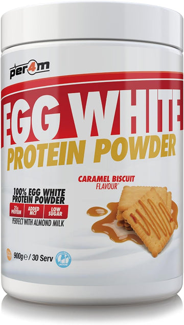 Per4M 100% Pure Free Range Egg White Protein Powder | 30 Servings High Protein Shake With Added Mct | Gut Friendly And Lactose-Free | With Essential Amino Acids (900G, Caramel Biscuit)