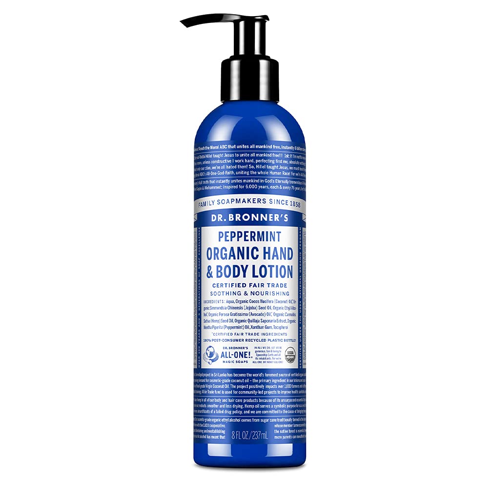 Dr. Bronner's - Organic Lotion (Peppermint, 8 Ounce) - Body Lotion and Moisturizer, Certified Organic, Soothing for Hands, Face and Body, Highly Emollient, Nourishes & Hydrates, Vegan, Non-GMO