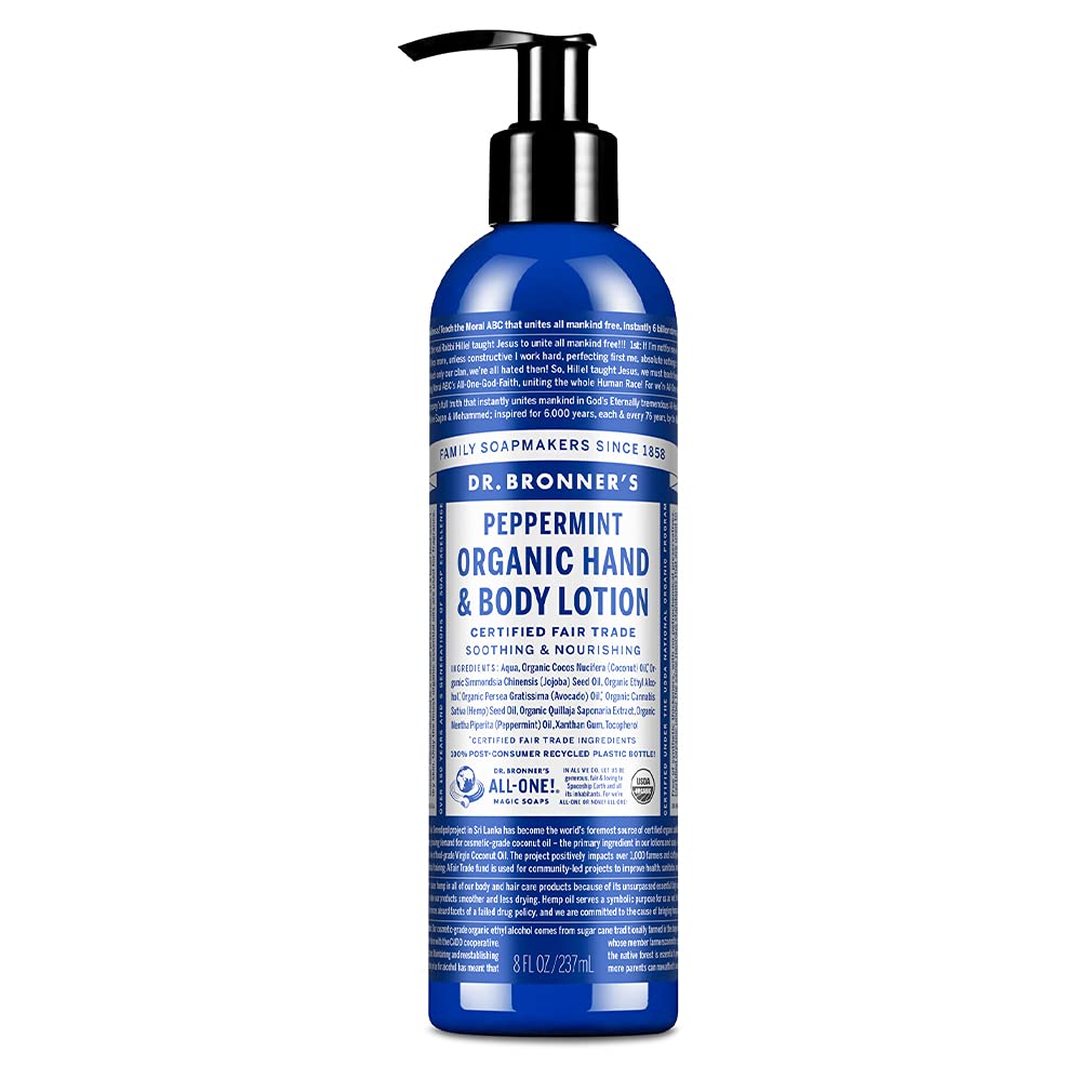 Dr. Bronner'S - Organic Lotion (Peppermint, 8 Ounce) - Body Lotion And Moisturizer, Certified Organic, Soothing For Hands, Face And Body, Highly Emollient, Nourishes & Hydrates, Vegan, Non-Gmo