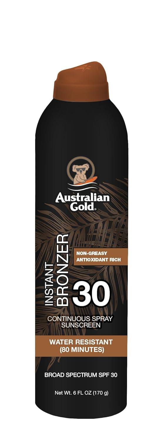 Australian Gold Continuous Spray Sunscreen With Instant Bronzer Spf 30, Immediate Glow & Dries Fast Water Resistant Nongreasy Oxybenzone Free Cruelty Free, Bronzer New, Orange, 6 Oz