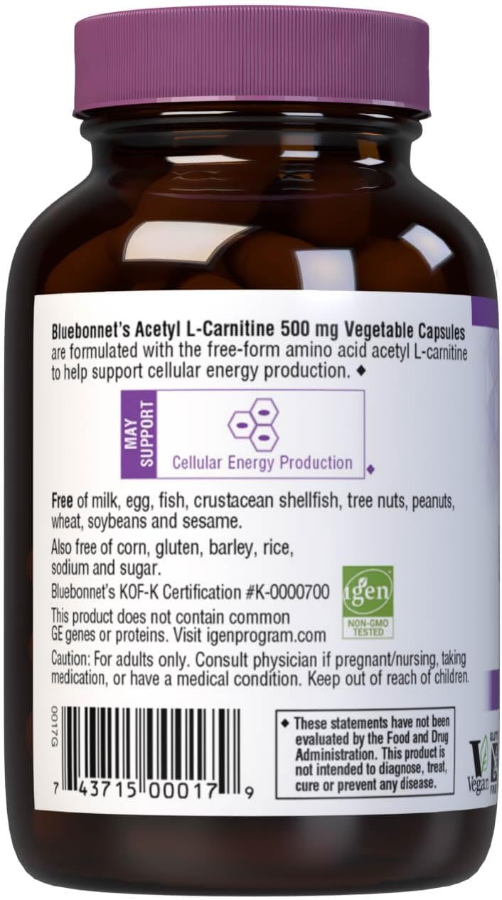 Bluebonnet Nutrition Acetyl L-Carnitine, Transports Fatty Acids, Boosts Cellular Energy, Soy & Gluten-Free, Kosher Certified, Vegan, 30 Vegetable Capsules, White, 500Mg : Health & Household
