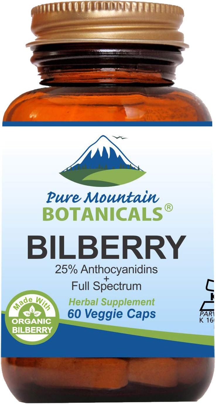Pure Mountain Botanicals Bilberry Extract Supplement - Antioxidant, Supports Healthy Eye Function - Vegan Kosher Capsules With 250Mg Organic Bilberry Leaf & 50Mg Potent Extract