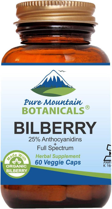 Pure Mountain Botanicals Bilberry Extract Supplement - Antioxidant, Supports Healthy Eye Function - Vegan Kosher Capsules With 250Mg Organic Bilberry Leaf & 50Mg Potent Extract