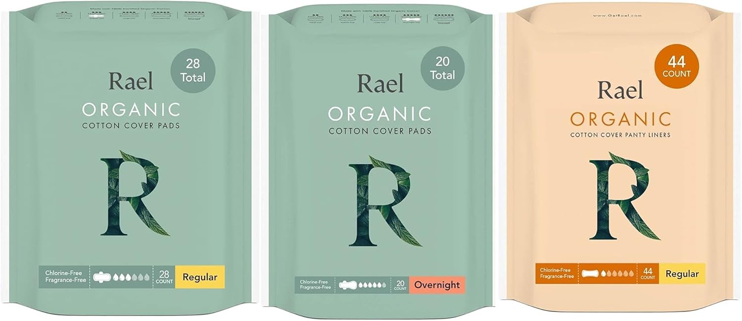 Rael Organic Cotton Cover Regular Pads (28 Count) & Overnight Pads (20 Count) & Liners (Regular, 44 Count)