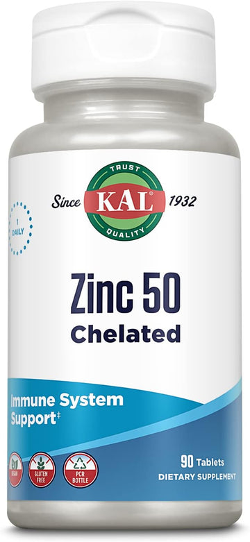 KAL Zinc 50mg Amino Acid Chelate, Immune Support Supplement, Healthy Metabolism and Immune System Formula, Enhanced Absorption, Vegan, Gluten Free, 60-Day Money Back Guarantee, 90 Servings, 90 Tablets