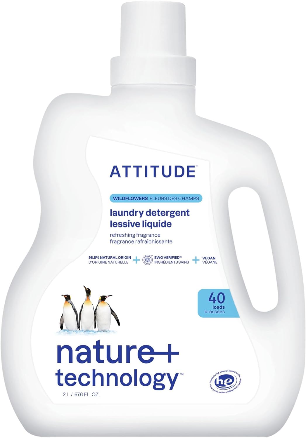 Attitude Liquid Laundry Detergent, Ewg Verified Laundry Soap, He Compatible, Vegan And Plant Based Products, Cruelty-Free, Wildflowers, 40 Loads, 67.6 Fl Oz