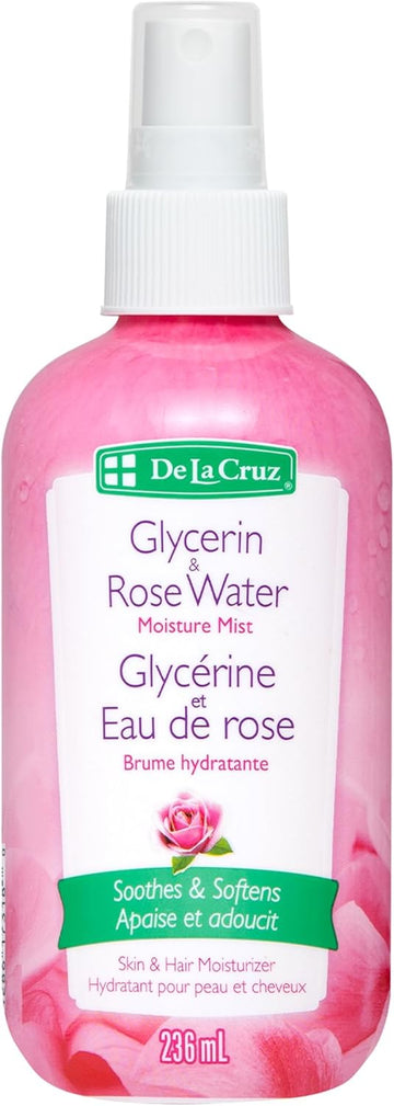 De La Cruz Rose Water And Glycerin Spray For Face - Rosewater Facial Toner And Moisturizer Mist For Skin And Hair 8 Fl Oz (236 Ml)